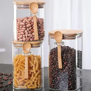 定制方形厨房食品储物玻璃罐，带木勺和盖子，可定制标志和礼品盒储物罐