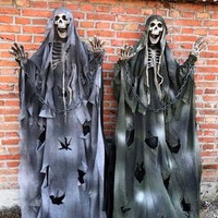 Rideau de porte fantôme suspendu pour Halloween avec crânes, accessoires de décoration pour fête maison hantée, décor lumineux et sonore