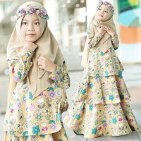 Ensemble de 3 pièces pour enfants, taille maxi, style islamique, Dubaï, Moyen-Orient, imprimé floral musulman, robes abaya avec hijab, vêtements traditionnels pour petites filles