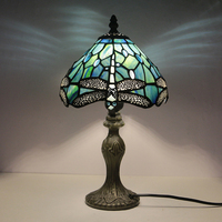 Lampe de table LongHuiJing 8 pouces en verre teinté motif libellule rouge, bleu et blanc, base en alliage de zinc, E26 E27 110-220V, lampe de lecture vintage