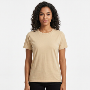T-shirt col rond pour femme 100% coton Couleur unie Décontracté Respirant Coupe régulière Manches courtes Beige - Product Image 1