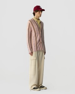 春夏男士细条纹针织开衫粉色棉质长袖V领前扣多色毛衣OEM - Product Image 4