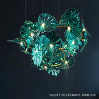 Lustre LED personnalisé en verre pour hôtel, villa, escalier, salon, salle à manger, design créatif long et ajouré, motif feuille de lotus verte