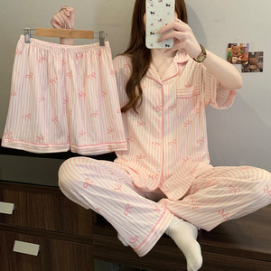 Zoete gestreepte Ins Koreaanse stijl strik bloemen ruche pyjama dames huispak korte mouwen driedelig set - Product Image 2