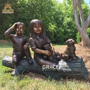 高数量雕塑青铜2儿童与狗坐木雕像