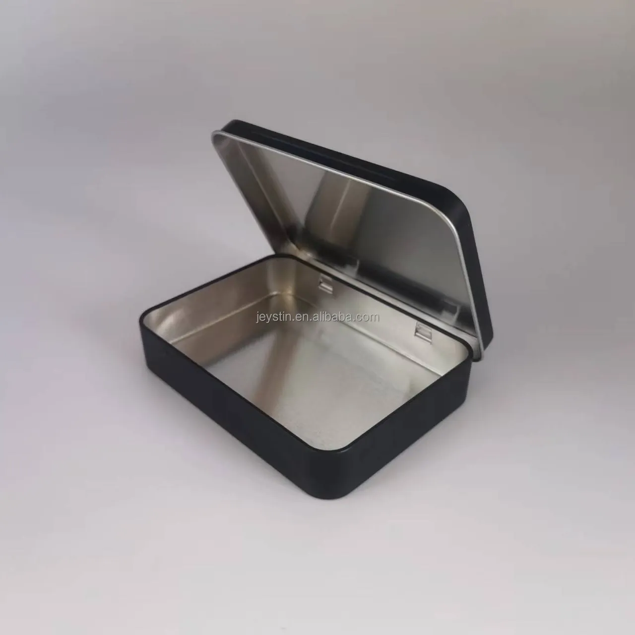 Boîte d'emballage métallique noire rectangulaire à charnière avec couvercle
