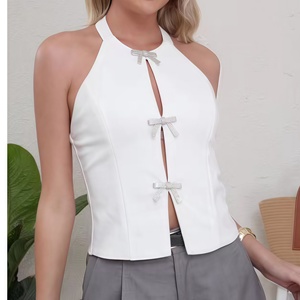 comodo7 Front <b>Bow</b> <b>Tie</b> With Beading Back Hollow Out White Color Casual Fashion tank Top for Women - Product Image 1