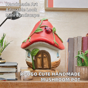 ROOGO Créatif et Mignon, Pot de Fleurs en Résine Faite à la Main, Scène Maison Champignon, Miniature de Paysage, Ornement de Bureau - Product Image 2