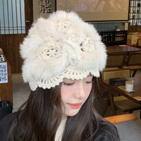 Chapeau en fourrure véritable de lapin, tricoté en jacquard, résistant au froid, chaud, polyvalent, style coréen, chapeau d'hiver pour femmes, 48-50cm, enveloppant la tête