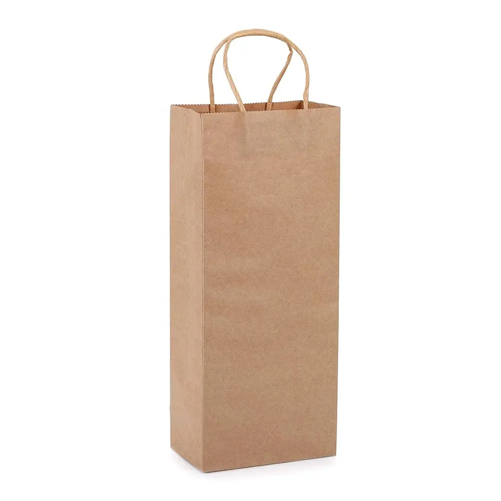 あなた自身のロゴが付いているリサイクル可能な茶色のクラフト紙のワインバッグはハンドルが付いている注文の贅沢なギフト包装の買い物袋を印刷します