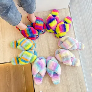 Yiwu xinyu Winter fuzzy fur criss cross slides inspired slippers female new home bottom warm rainbow fur slippers sandals