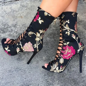 Floral Print Big Size 43 Hollowed Out Women High Thin <b>Heel</b> Mid-calf Boots <b>Round</b> Open <b>Toe</b> Back Zip Half Knee High Women Booties - Product Image 4