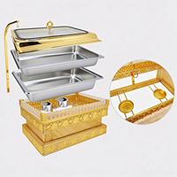 Plat à chafing rectangulaire de luxe 9L doré en acier inoxydable avec éclairage pour buffets, réceptions et événements traiteur