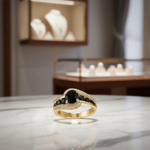 Bague de fiançailles en or jaune avec pierre précieuse ronde pour femme, style classique avec sertissage à griffes en pierre naturelle, alliage de cuivre, modèle Q460 - Product Image 2