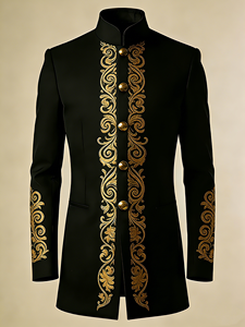 Blazer Masculino Preto com Gola Alta e Bordado Geométrico Dourado para Apresentações em Banquetes - Product Image 4
