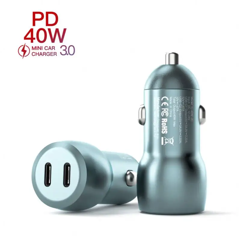 40W PD3.0 Usb C car charger for IPhone Mobile Phone Tablet 2 Ports Fast Car Charger