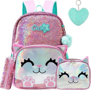 Pink Cat <b>School</b> <b>Backpacks</b> Kids Sequin Bookbag Students with Lunch Box Pencil Customized Cute <b>Backpack</b> for Girls - Product Image 1