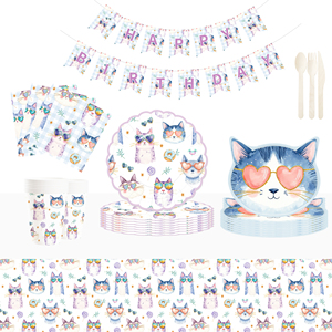DAMAI Pet Party Tableware Set with Cats Elements Includes <b>Disposable</b> Paper Plates Napkins Cups for Cats Birthday Party - Product Image 1