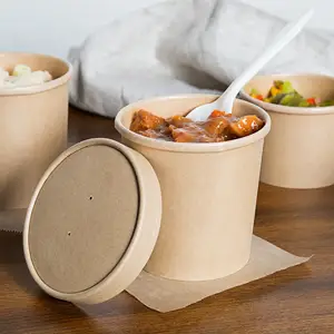 Custom Kraft Paper Bowl Soup Cup With Lid Disposable Take Away Dessert Rice Salad Noodle Food Packing Box Container On Sale