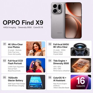 สมาร์ทโฟน OPPO Find X9 5G รุ่นดั้งเดิม หน้าจอ 6.59 นิ้ว |   แบตเตอรี่ 7025mAh ที่ชาร์จ 80W |   ขอบจอแคบพิเศษ กล้อง 50 ล้านพิกเซล - Product Image 2