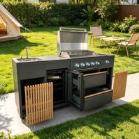 Îlot de cuisine BBQ extérieur tout-en-un en acier inoxydable 304 avec brûleur latéral et réfrigérateur pour jardin et terrasse