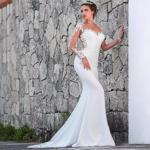 Wedding Dress Mermaid Lace Long Sleeve Illusion Back White Bridal Gown - Product Image 2