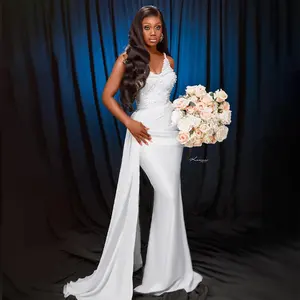 Vestidos de <span class=keywords><strong>novia</strong></span> de sirena blanca africana para <span class=keywords><strong>novia</strong></span> espaguetis perlas rebordear segunda boda recepción fiesta vestidos de <span class=keywords><strong>novia</strong></span> personalizados - Product Image 1