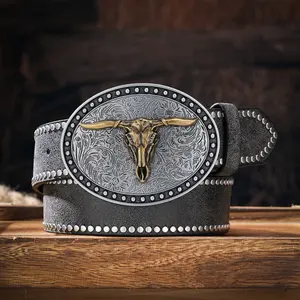 <span class=keywords><strong>Ceinture</strong></span> en cuir PU de style occidental, bande à rivets avec boucle tête de taureau, tendance rétro punk pour jeunes hommes, <span class=keywords><strong>ceinture</strong></span> de cowboy inspirée du denim - Product Image 3