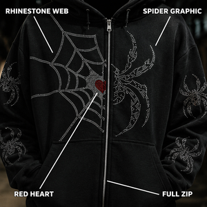 Maßgefertigter OEM 400GSM Schwarzer Strass <span class=keywords><strong>Spider</strong></span>-<span class=keywords><strong>Man</strong></span> Reißverschluss-Hoodie mit Silbernem Netz-Grafikdesign und Rotem Herz-Detail im Dunklen Gothic-Street-Style - Product Image 2