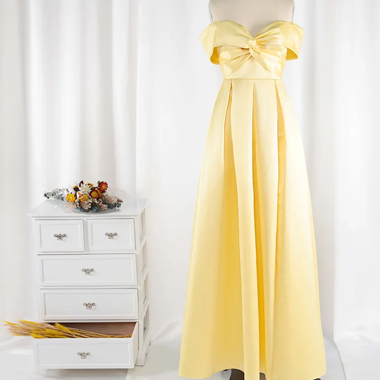 OEM/ODM ruffle pleated strapless yarn dyed yellow dress new formal off shoulder dress stain evening