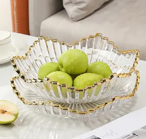 Luxury Transparent Gold Rim Glass Plate Vertical Strip Food Serving Daily Home Glass Fruit Plate Decorative Tableware Plate