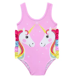 Costumi da bagno da bambina rosa di vendita calda con stampa in gomma unicorno per bambini