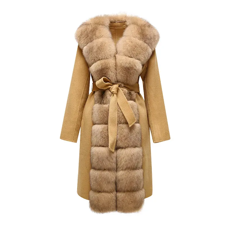 Winter Warm Long Woolen Jacket Genuine Fox Fur Collar Cashmere Wool Coats Women