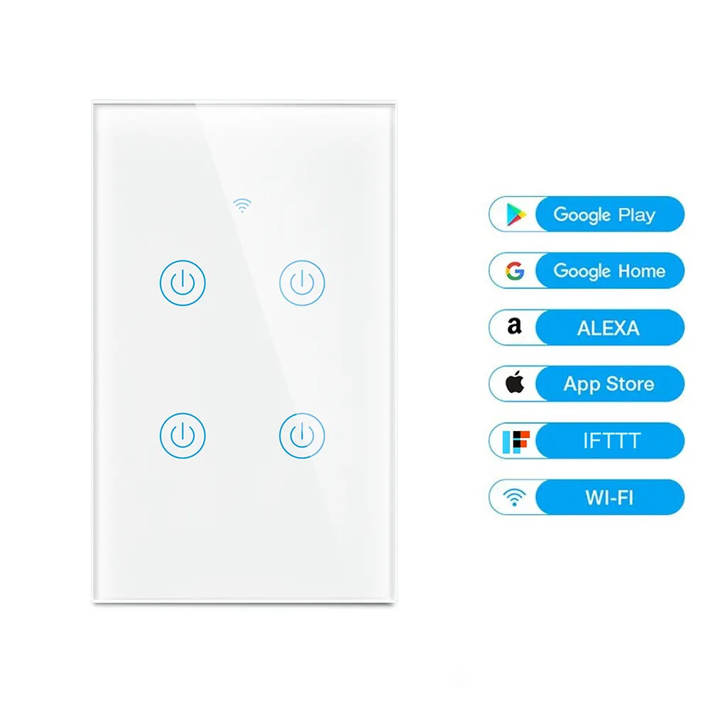 Smart Home Automation System US Standard Toughened Glass Panel Control Power Light Wall Touch Wall 4 Gang Wifi Switch