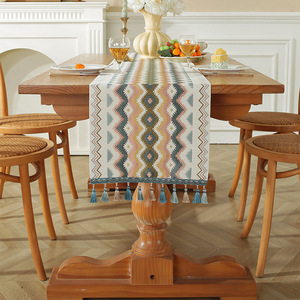 <b>Table</b> <b>Runner</b> Cotton Linen Printed Geometric Pattern Tassel Trim For <b>Dining</b> <b>Table</b> Living Room Home Decor - Product Image 3