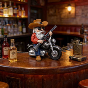 ヴィンテージのカウボーイがバイクに乗る樹脂製彫刻、白いひげと葉巻を持つクールなバイカー、赤いシャツと青いジーンズを着たウェスタンスタイルのフィギュア - Product Image 3