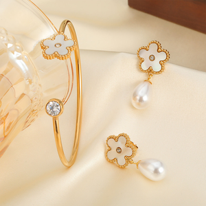 18K PVD Gold Stainless Steel Clover Teardrop Pearl Jewelry <b>Set</b> <b>Bangle</b> Bracelet Dangle Earrings | Waterproof Hypoallergenic - Product Image 1