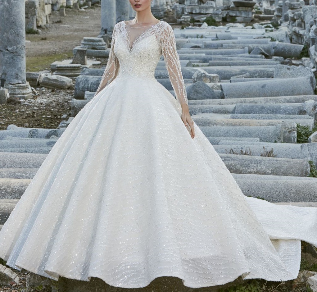 2023 Heavy-beaded Crystal Ball Gown Luxury Wedding Dresses Long Sleeves V  Open Back Bridal Gowns Wedding Dresses Turkish| Alibaba.com