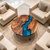 Table basse en bois naturel et résine époxy, plateau bleu incrusté, pieds en métal noir type cheveux de cheval, pour salon, villa, fabriquée au Jiangxi