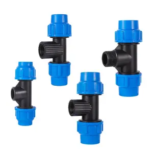 Tubería de HDPE de 1 pulgada a 20mm, 25mm, 32mm, accesorios de compresión de PP, conector en t de microirrigación de tierra agrícola, 1/2, 3/4