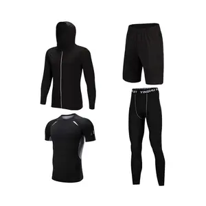 Men's workout clothes sets Zip-up hoodie shorts compression pants and breathable workout tee in quick-drying fabric 4-piece sets