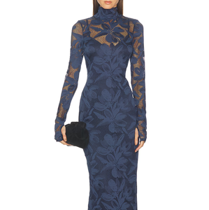 Custom Bodycon <strong>Midi</strong> <strong>Dress</strong> Long Sleeve Burnout Sexy High Neck Lace Slim Translucent Solid Empire Waist Trendy New - Product Image 4
