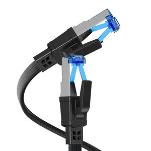 สายเคเบิลอีเธอร์เน็ต CAT8 SFTP สีดำ ขนาด 30AWG หัวต่อ RJ45 ชุบสีน้ำเงิน แบบแบน พร้อมปลอกหุ้ม PVC สำหรับเครือข่ายอีเธอร์เน็ต - Product Image 1