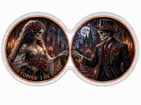 Pièce de monnaie en cuivre pur 1 oz, jumelle, à motifs de squelette de mariage et de mort, Mariés, Halloween, imprimée en 2D, médaille de collection de défi connectée