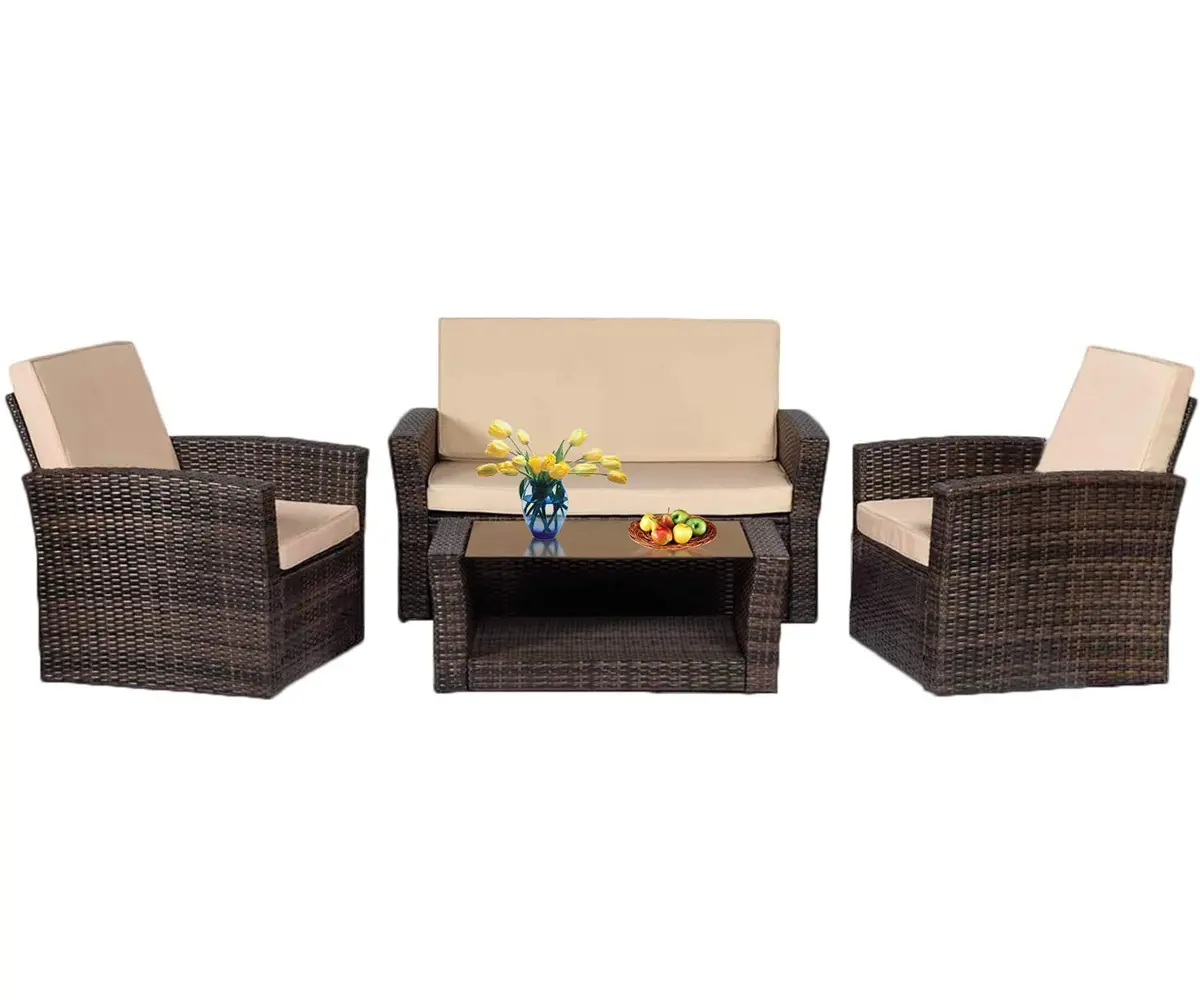 Muebles de exterior para patio, conjunto de muebles de mimbre de ratán con mesa y silla, color marrón, 4 Uds.