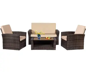 4pcs户外家具庭院家具花园套装柳条藤家具，带桌椅 (棕色)