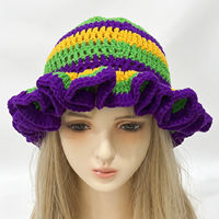 Chapeau Bob en Crochet pour Femme, Rayures Violettes, Vertes et Dorées, Bord Volanté, Idéal pour le Mardi Gras, les Festivals et les Costumes de Fête