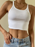 Débardeur côtelé blanc décontracté en coton sans manches pour femme – Top court tendance pour le fitness et l'été