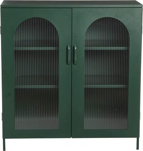 Armario de almacenamiento con <span class=keywords><strong>2</strong></span> puertas de vidrio arqueadas, gabinete de almacenamiento con <span class=keywords><strong>2</strong></span> estantes ajustables, color verde oscuro - Product Image 2