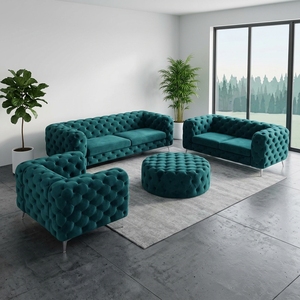 Ensemble de canapé en velours tufté bleu sarcelle avec ottoman, style moderne minimaliste, décoration de style béton pour un <span class=keywords><strong>salon</strong></span> spacieux - Product Image 2